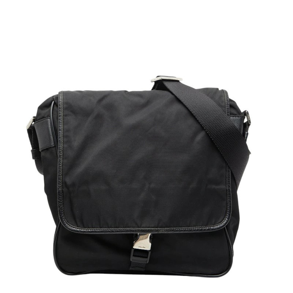Prada Triangle Plate Crossbody Bag Black Saffiano Leather